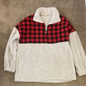 Cozy Red and Black Plaid Sherpa Sweatshirt (Handmade)